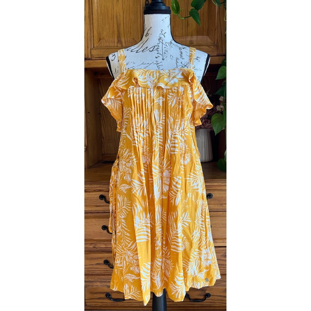 Roxy‎ Womens Yellow Tropical Palm Print Ruffle Sundress Size Small Boho Summer